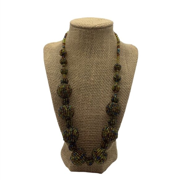 New Artisan Handmade Beaded Necklace Iridescent Green Tones Beads Chunky - Picture 2 of 10